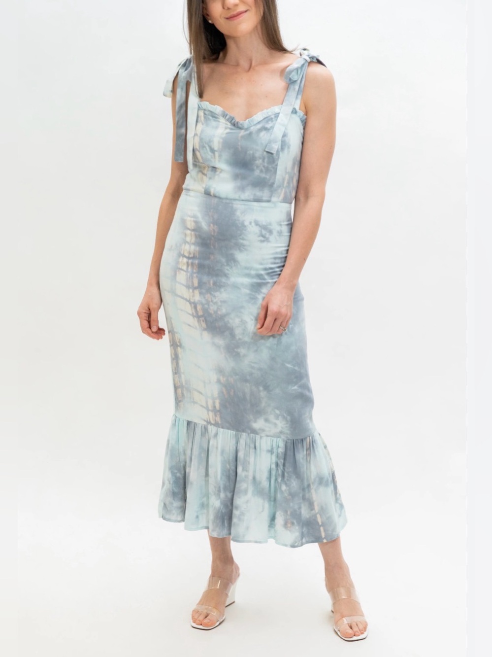 English Factory Pale Aqua and Gray Tie-Dye Midi Dress Casual Feminine Flirty